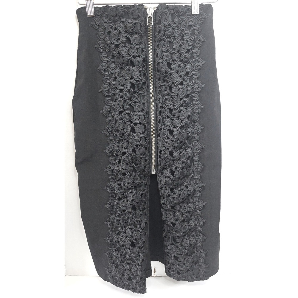 Black Pencil Skirt with Front Zip and Decorative Trim